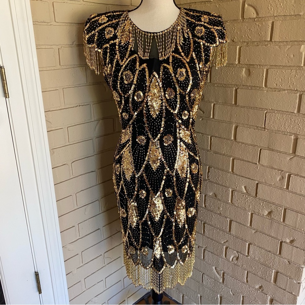 Womens Vintage Dress Size XL Black Gold Sequin Beaded 100% Silk Formal Cocktail
